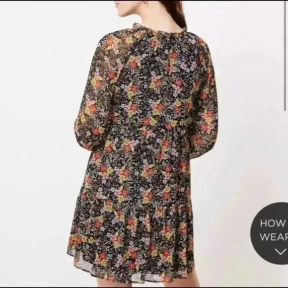 LOFT navy Floral Tie Neck Flowy floral Swing Dress Sz M - Picture 3 of 11
